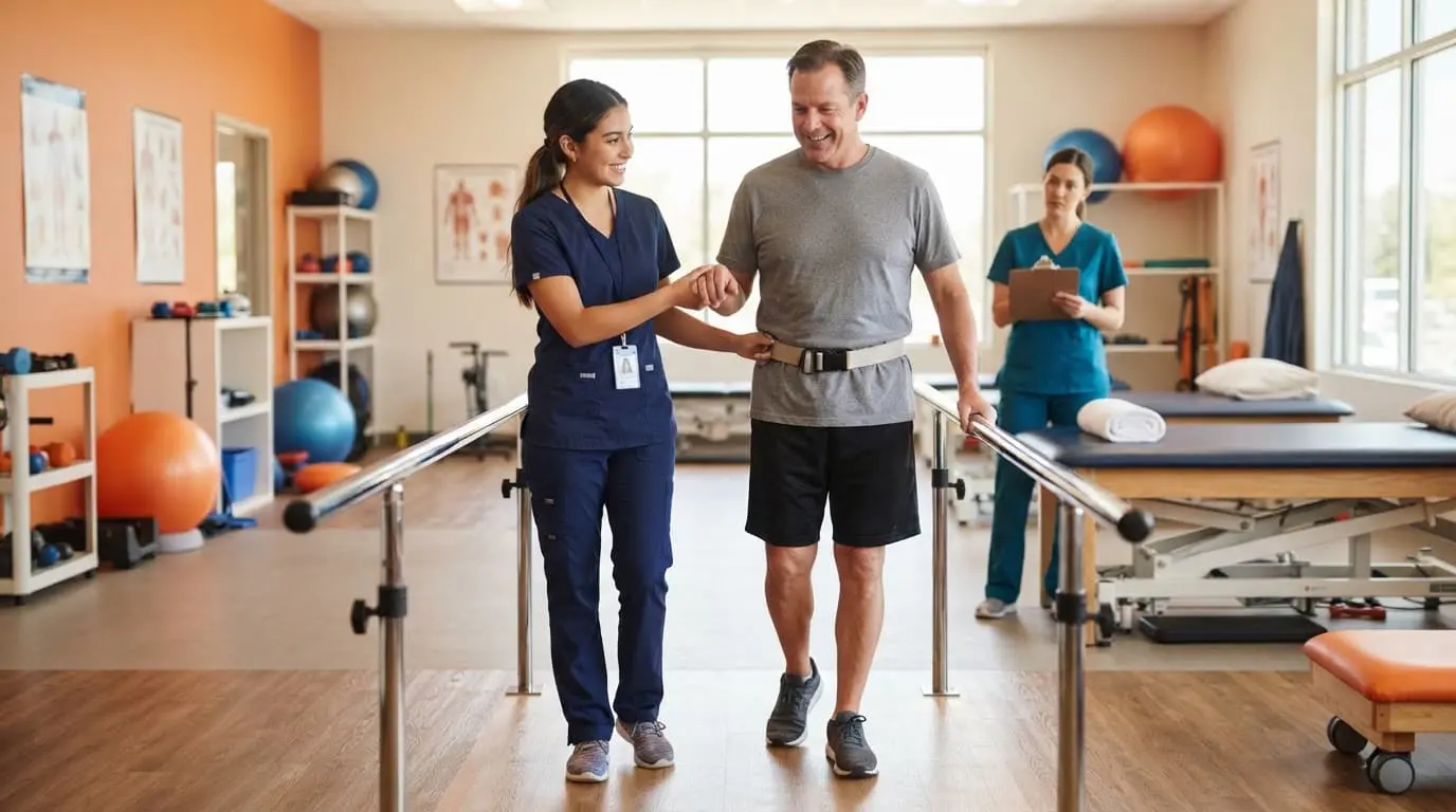 A student guides a patient through a mobility exercise in a bright rehabilitation gym.