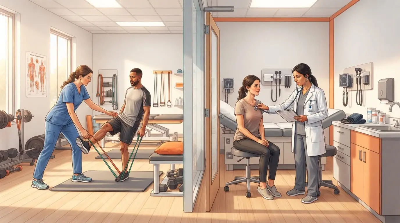 A physical therapist and PA work in connected clinic areas.