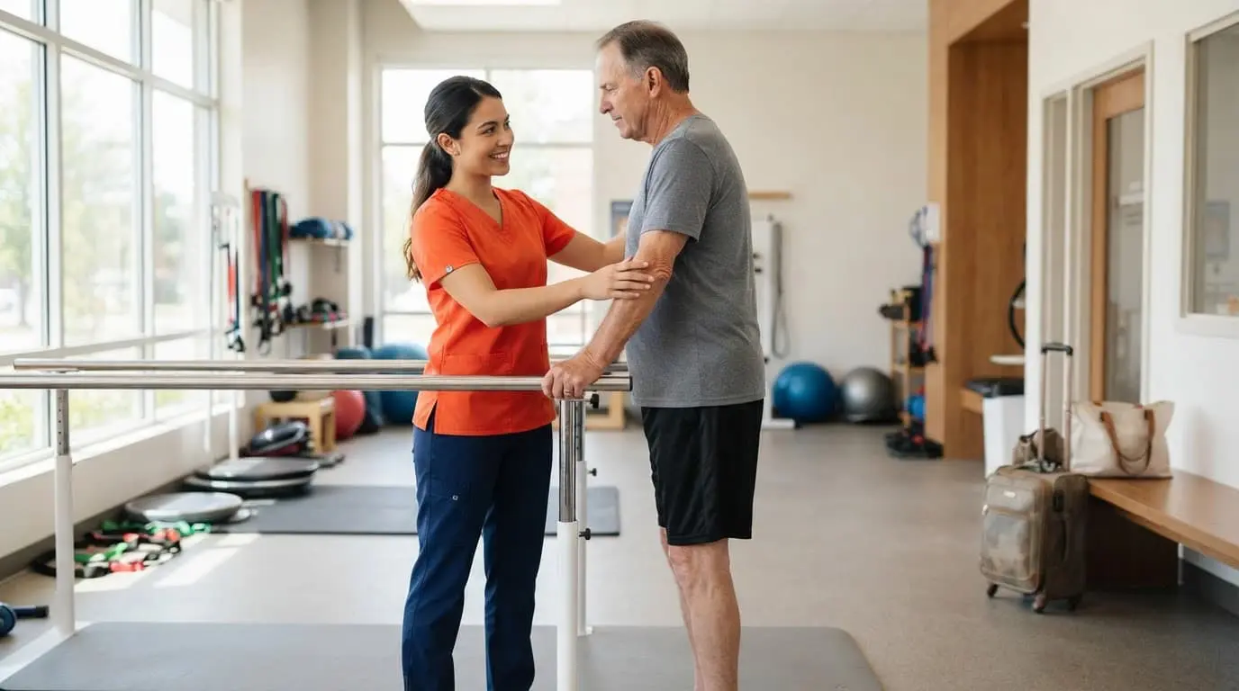 A therapist guides an adult patient through a standing exercise beside a carry-on bag.