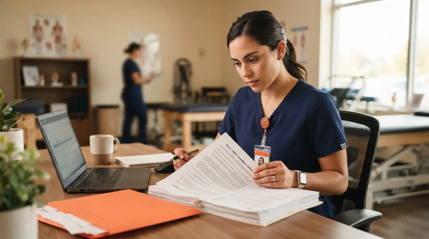 A physical therapist assistant reviews paperwork beside a laptop at a clinic desk.