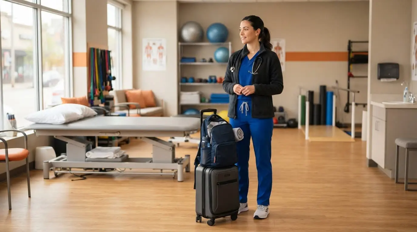 A physical therapist stands with luggage in a bright clinic while preparing for a travel assignment.