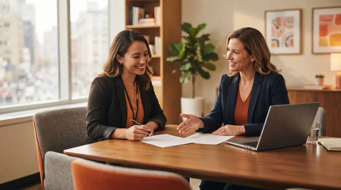 A travel therapist and recruiter review papers beside a laptop in a bright office.