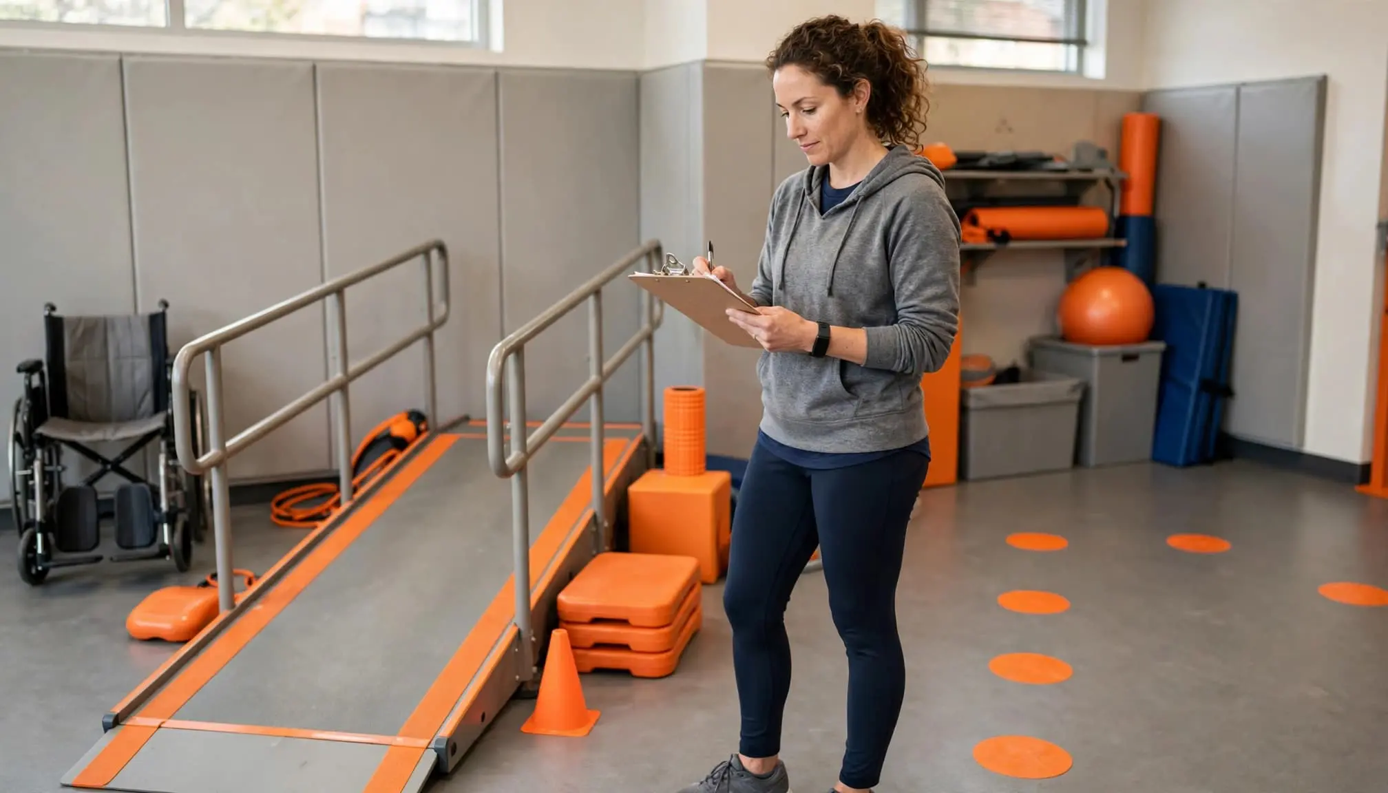 A specialist reviews notes beside therapy equipment and an empty wheelchair.