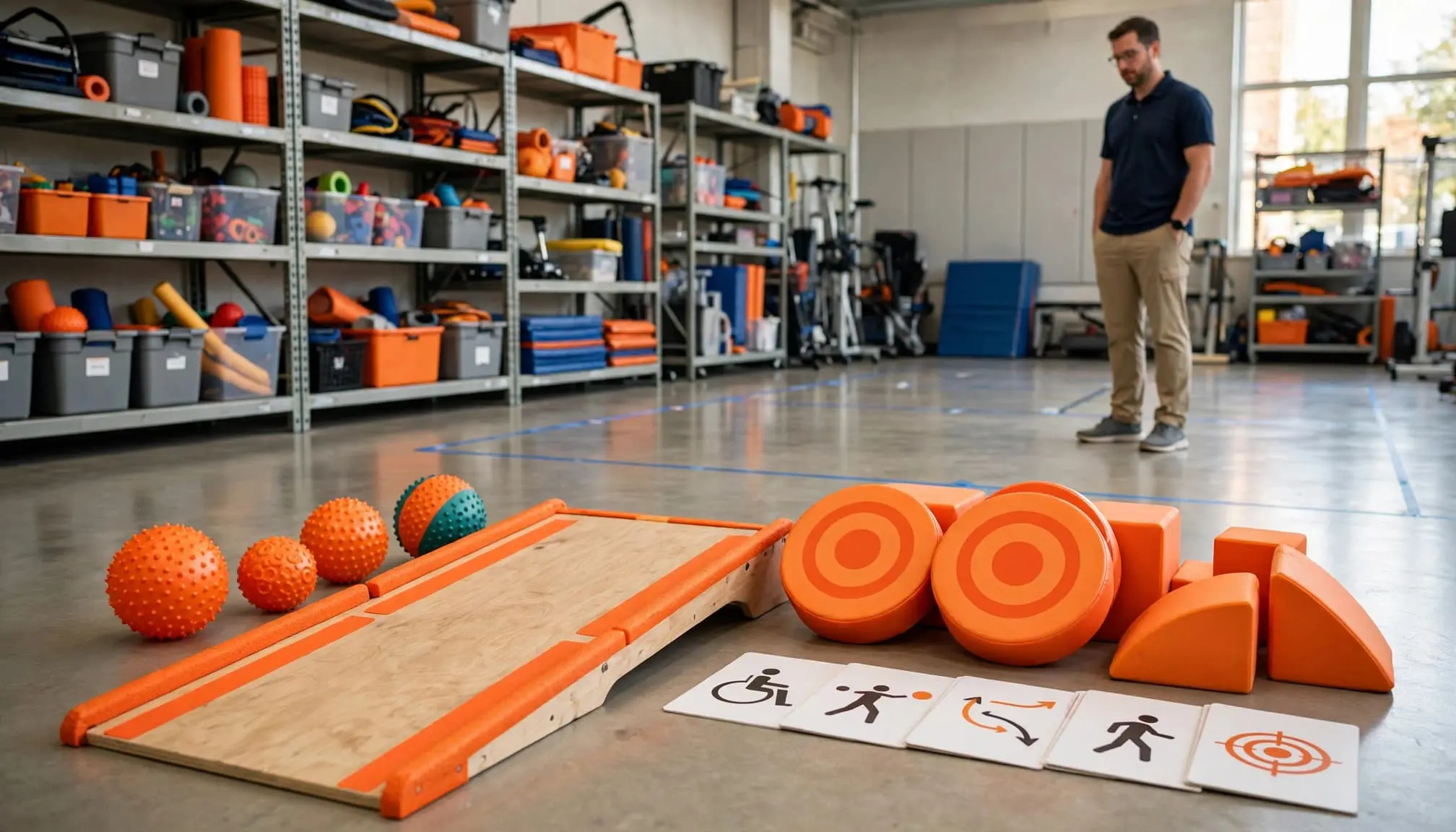 An educator prepares accessible sports equipment in a bright school therapy gym.