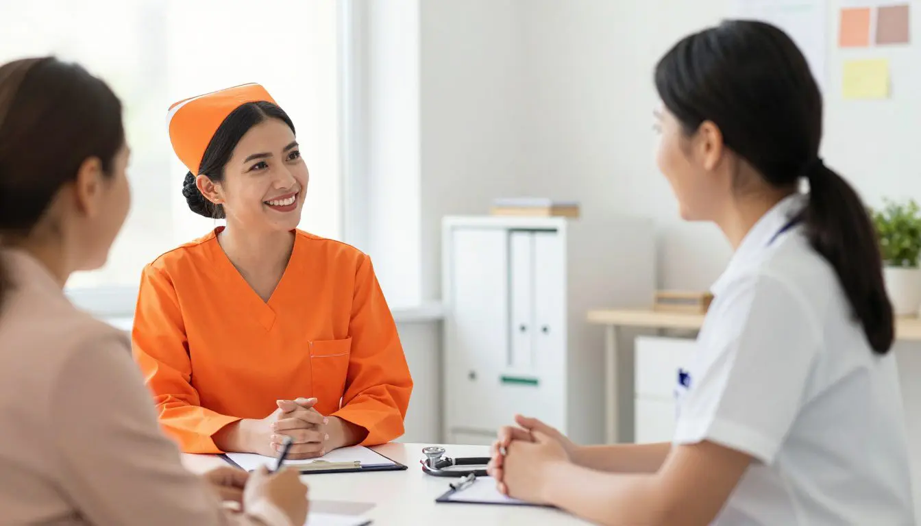 A recruiter and nurse talk across a desk with a stethoscope nearby.