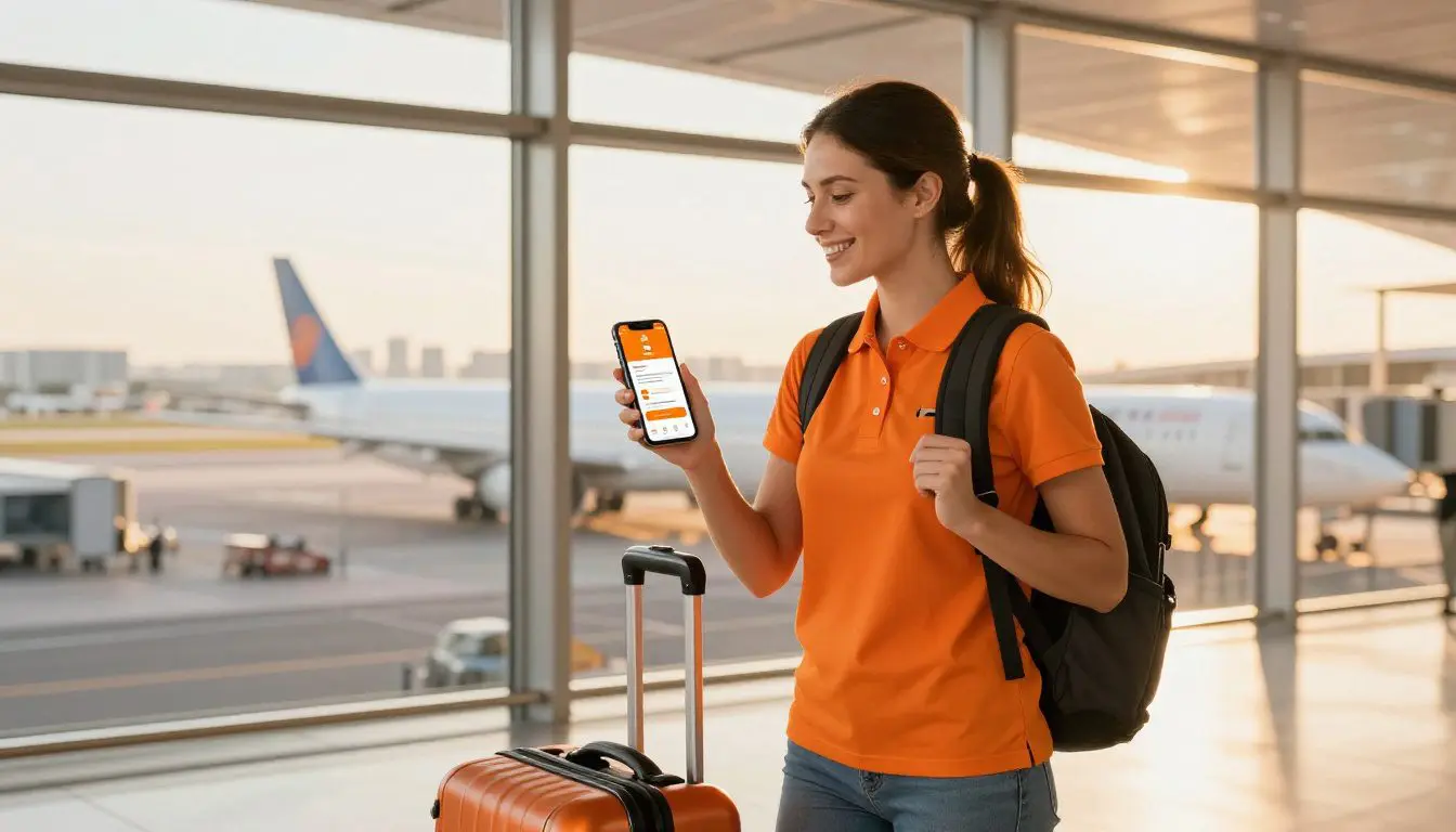 A physical therapist checks her phone beside luggage at an airport window.