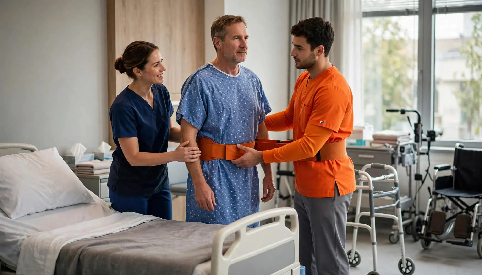 Two therapists help an adult patient stand beside a hospital bed.