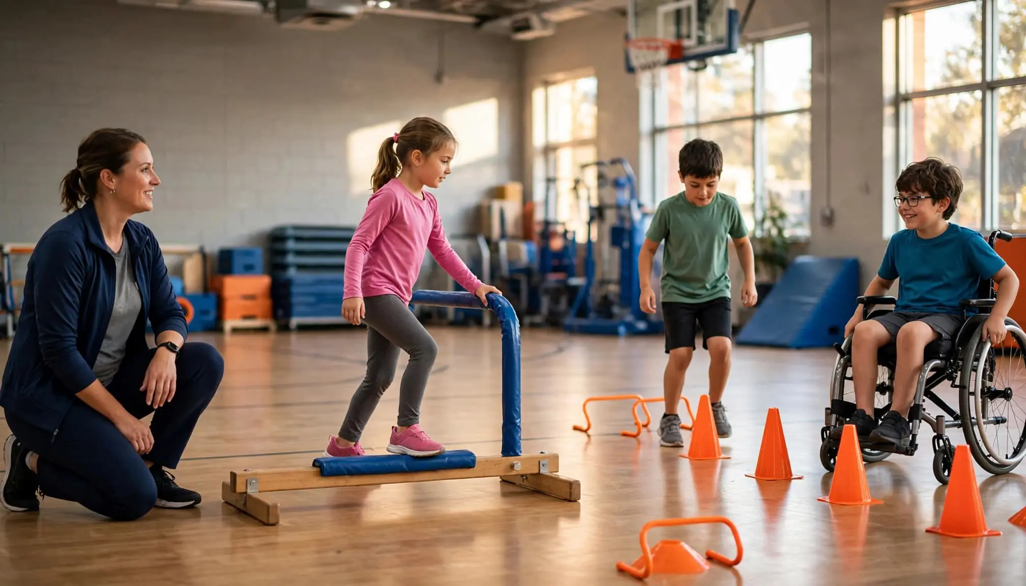 Teacher leads three children in an inclusive gym activity with a wheelchair and balance equipment.