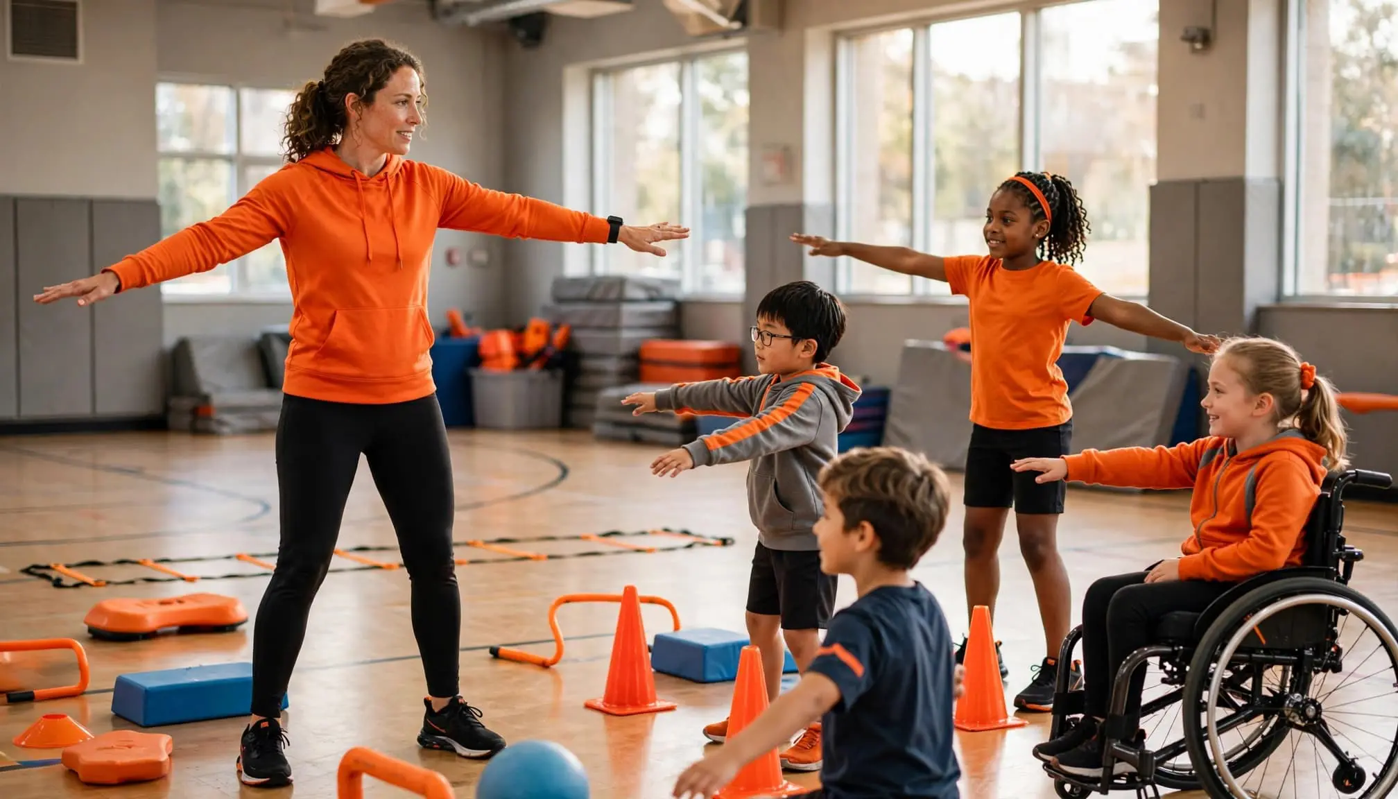 A PE teacher leads children in movement beside orange cones.