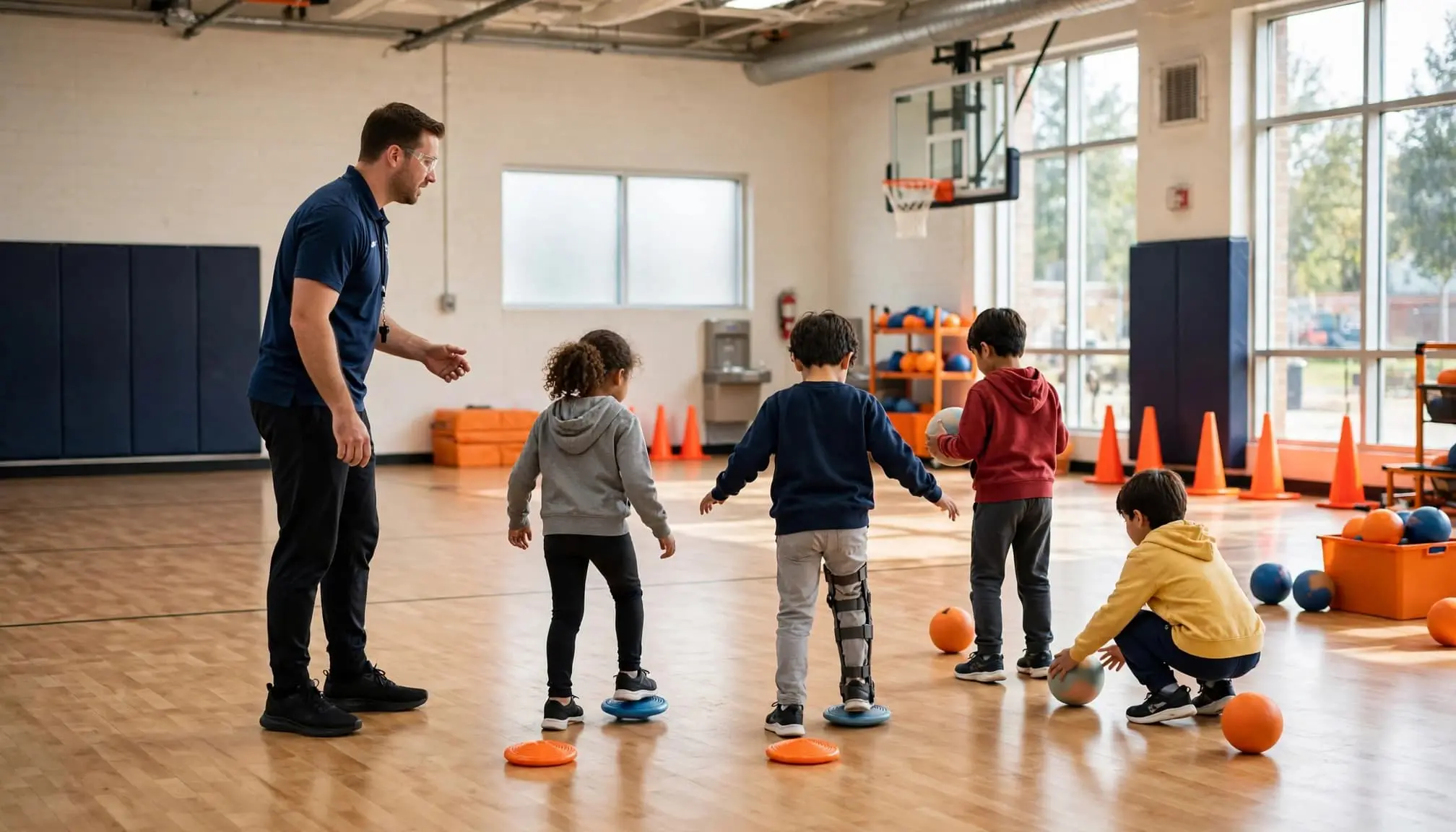 PE teacher guiding students with foam balls in a bright school gym.