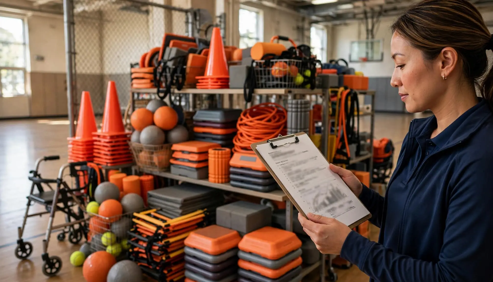PE teacher reviews a clipboard beside organized gym and mobility equipment.
