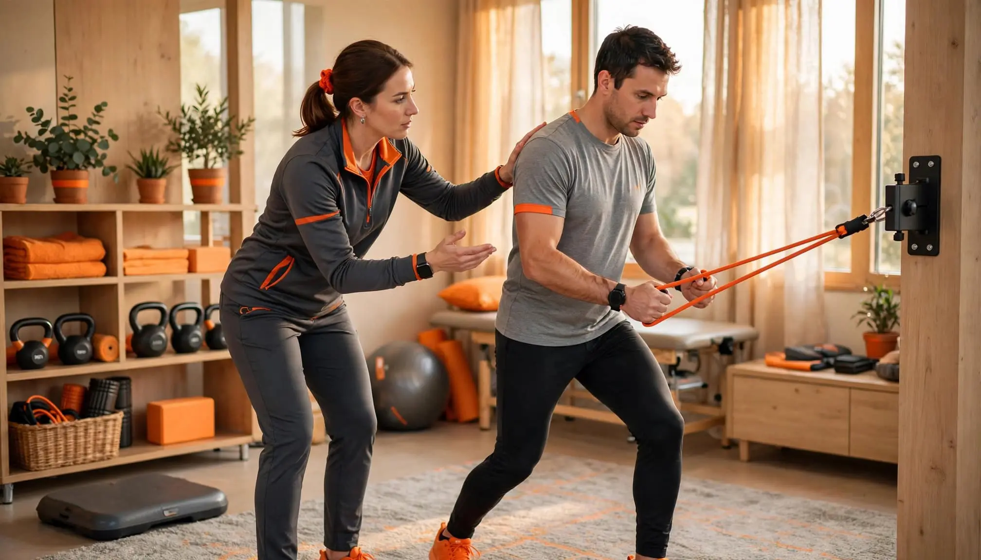 A physical therapist guides an adult patient through an exercise in a bright clinic.
