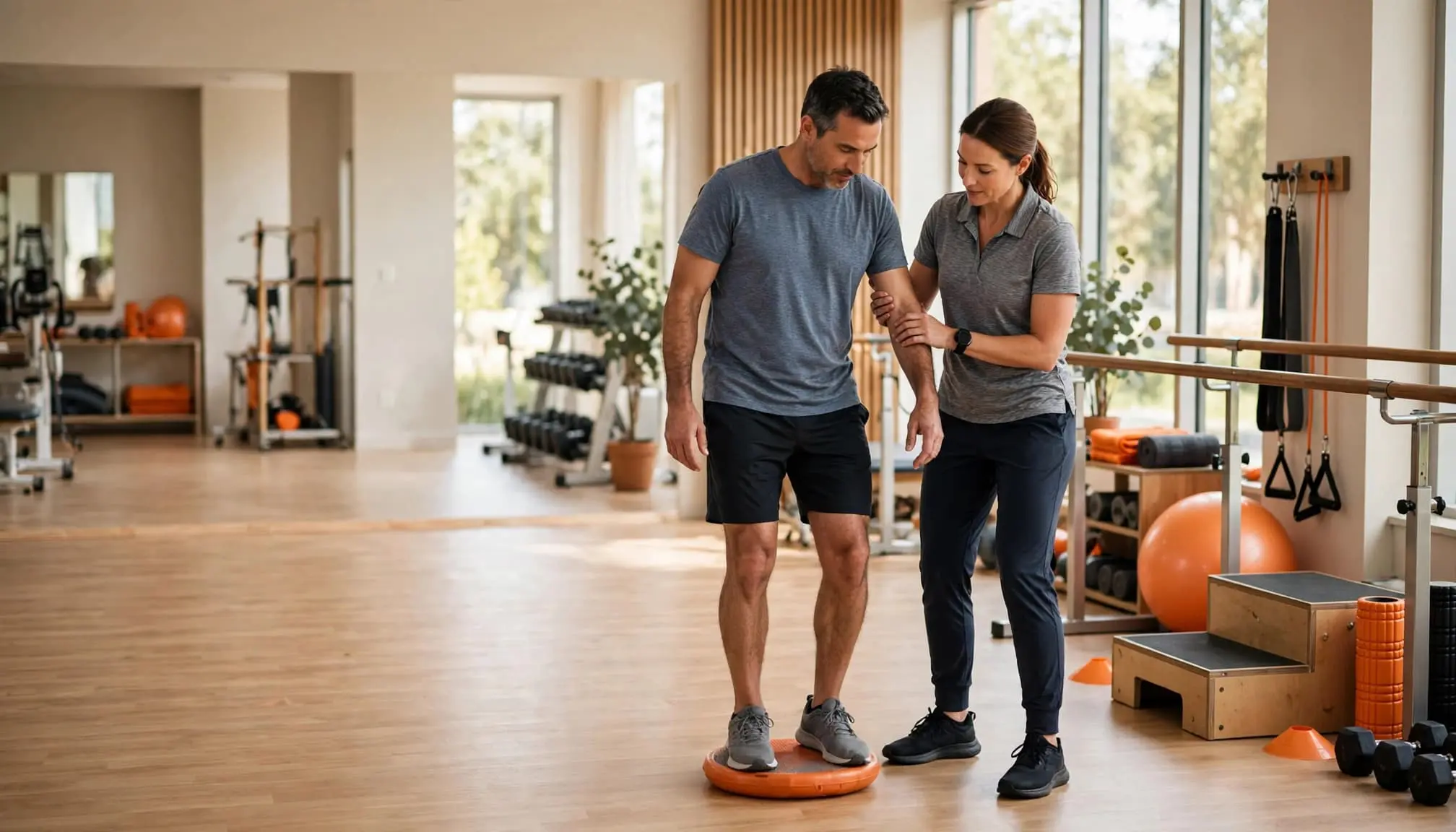 A therapist guides an adult patient through a balance exercise in a bright rehabilitation gym.
