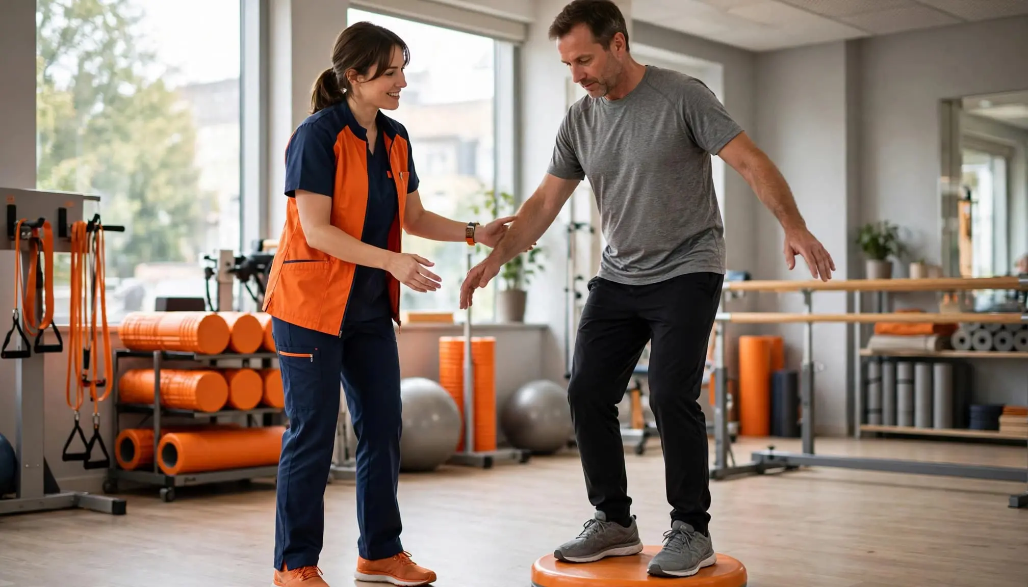 A therapy assistant helps an adult patient practice balance in a bright rehabilitation gym.