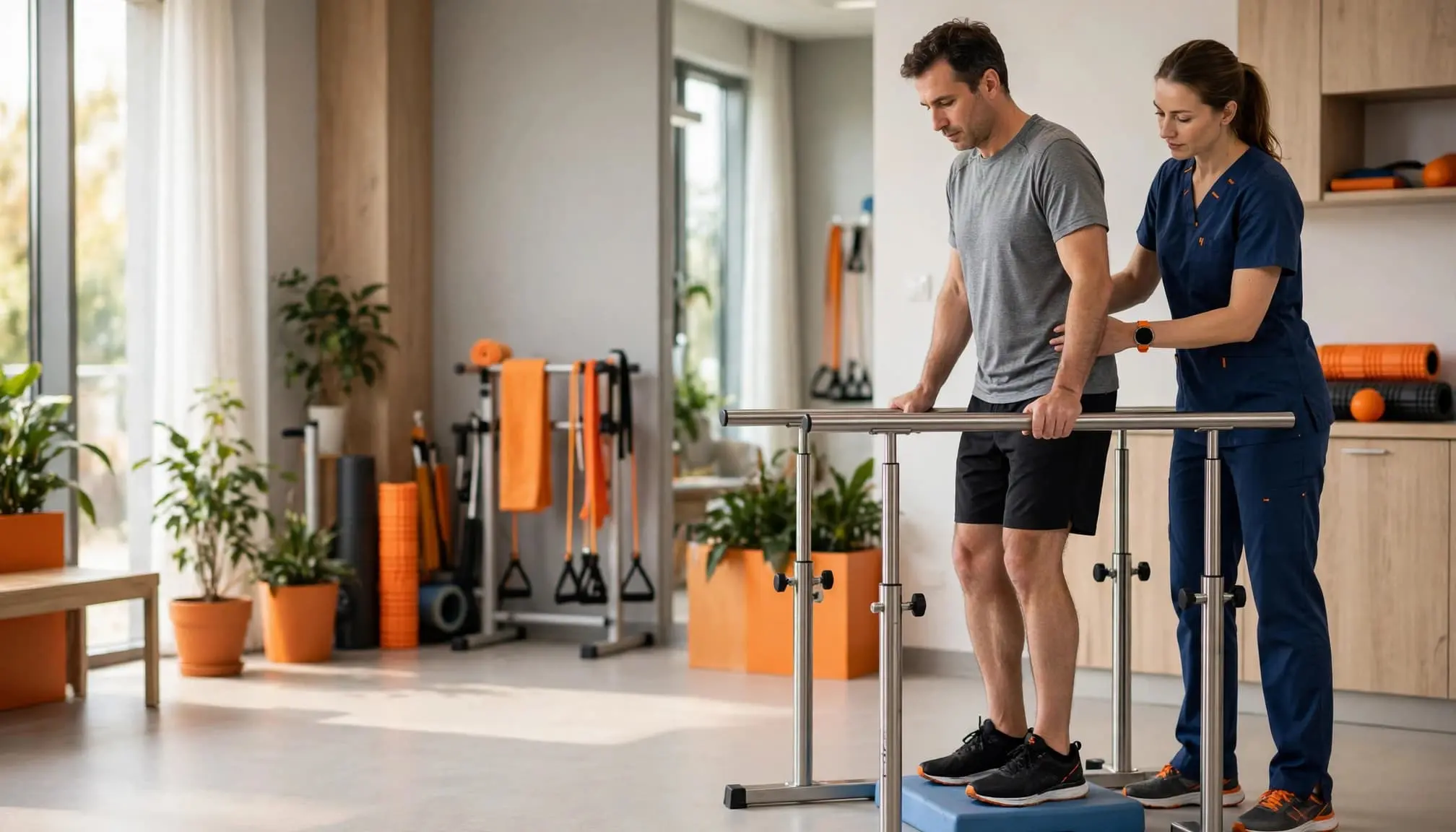 A therapist coaches an adult patient through a balance exercise beside parallel bars.