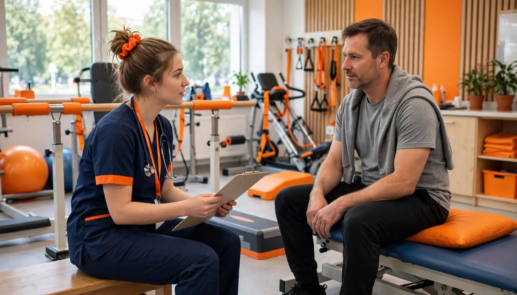 A physical therapy student reviews an assessment beside a seated patient in a bright rehabilitation lab.