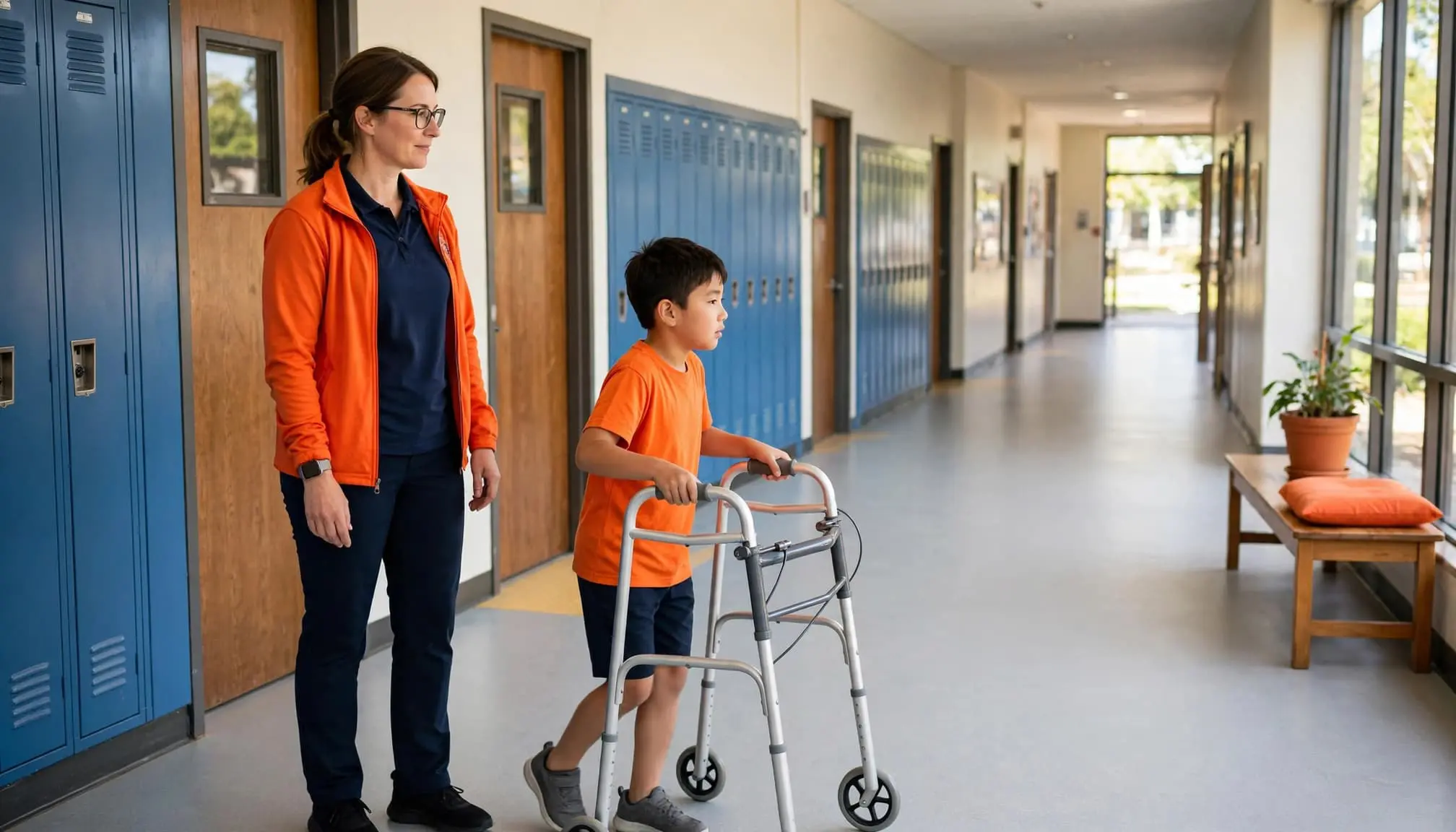 A physical therapist watches a student use a mobility aid in a bright school hallway.