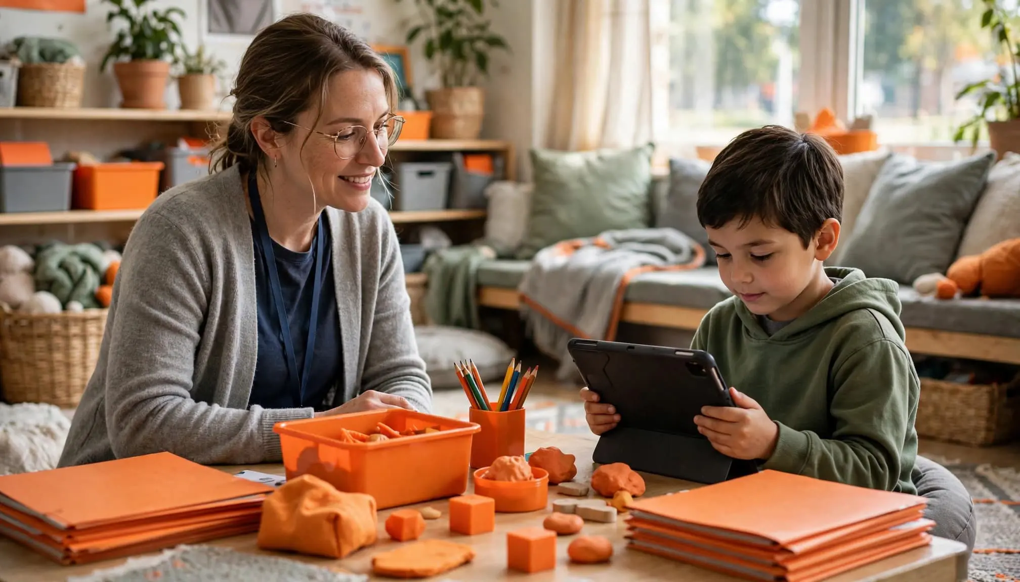 A speech-language pathologist supports a student using a tablet in a bright classroom.
