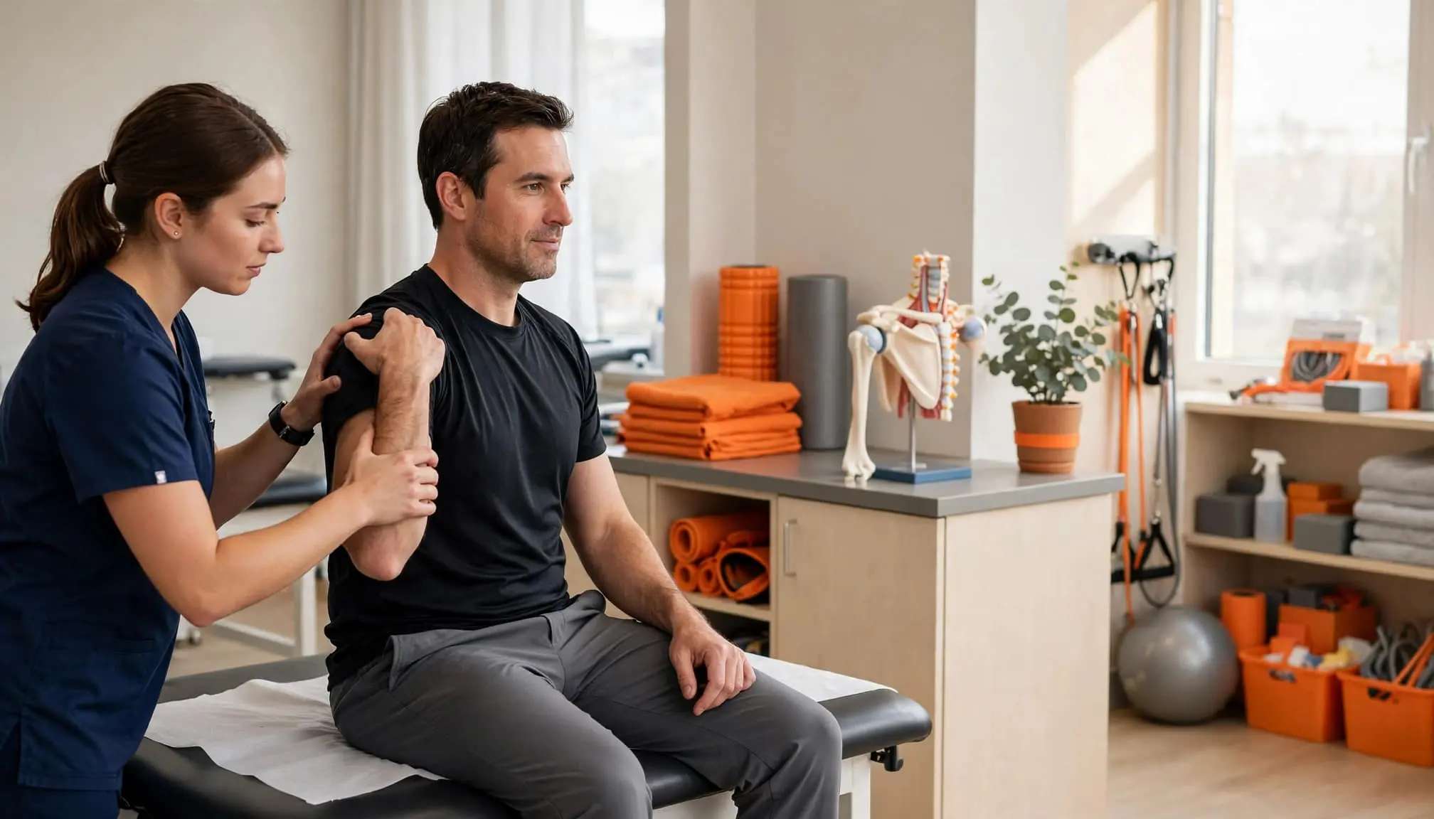 A physical therapy student checks a patient's shoulder in a bright clinic.