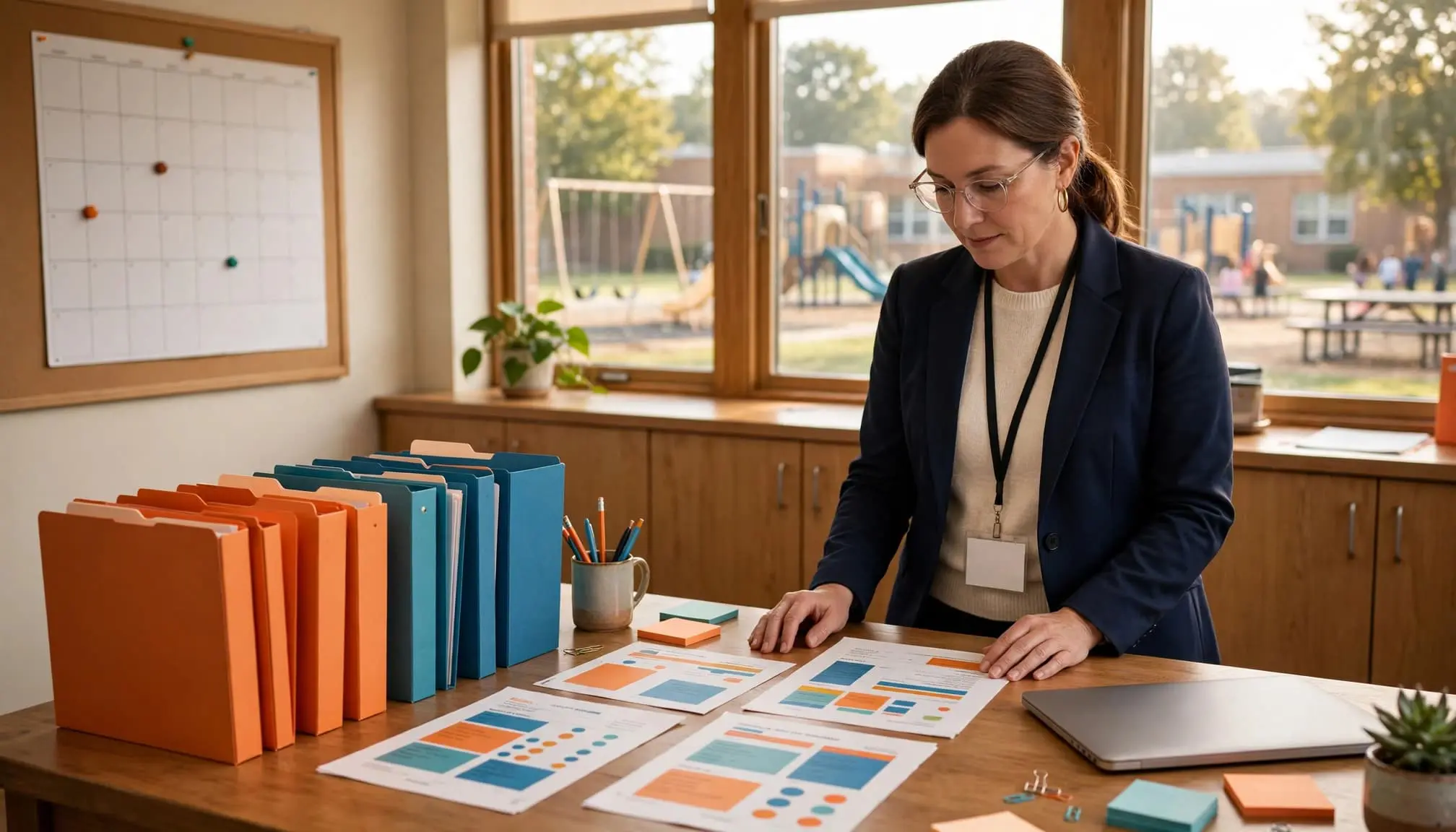 A school director reviews organized folders beside a table in a warm office.