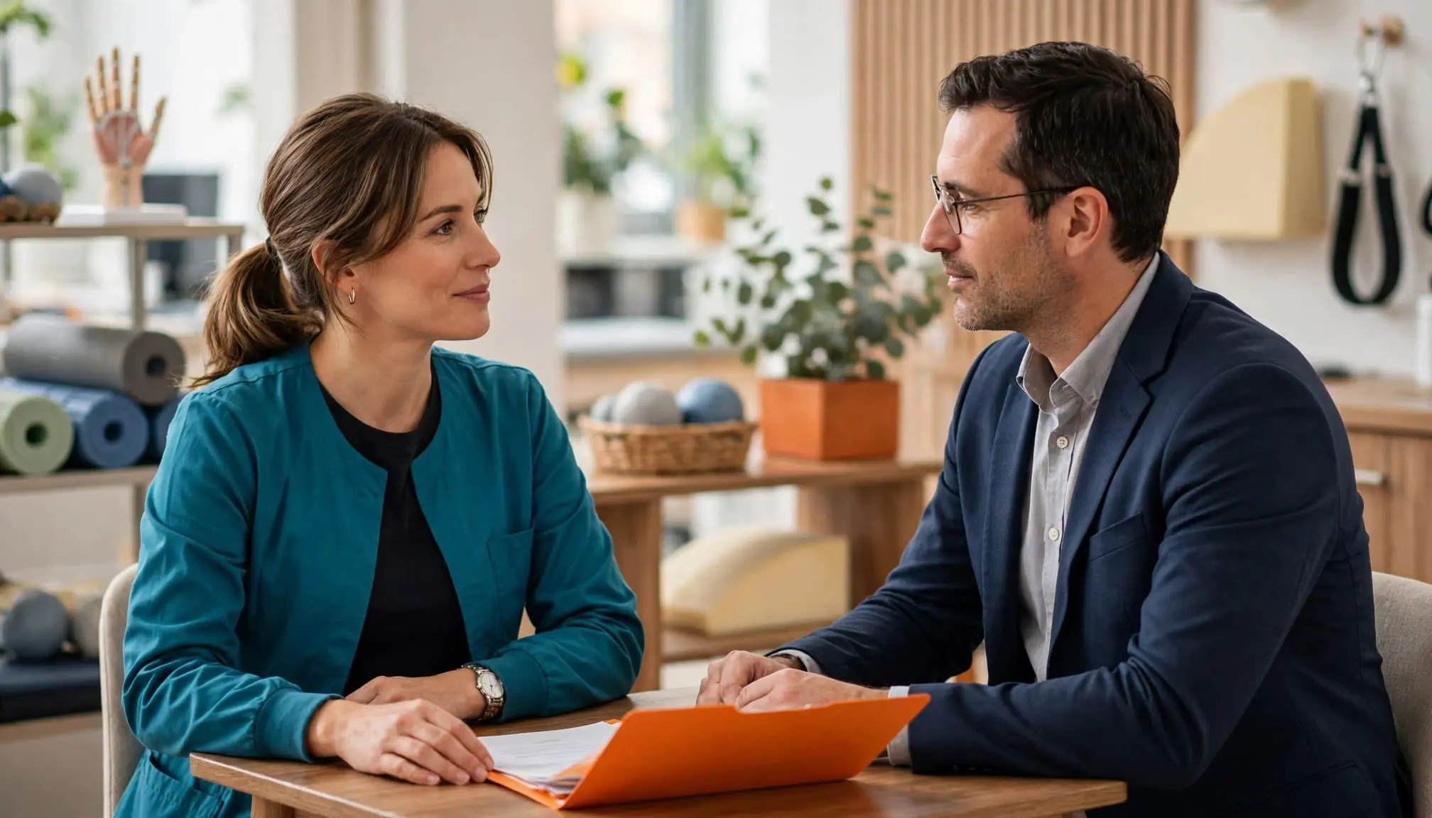 A therapist and recruiter talk across a table with an orange folder between them.
