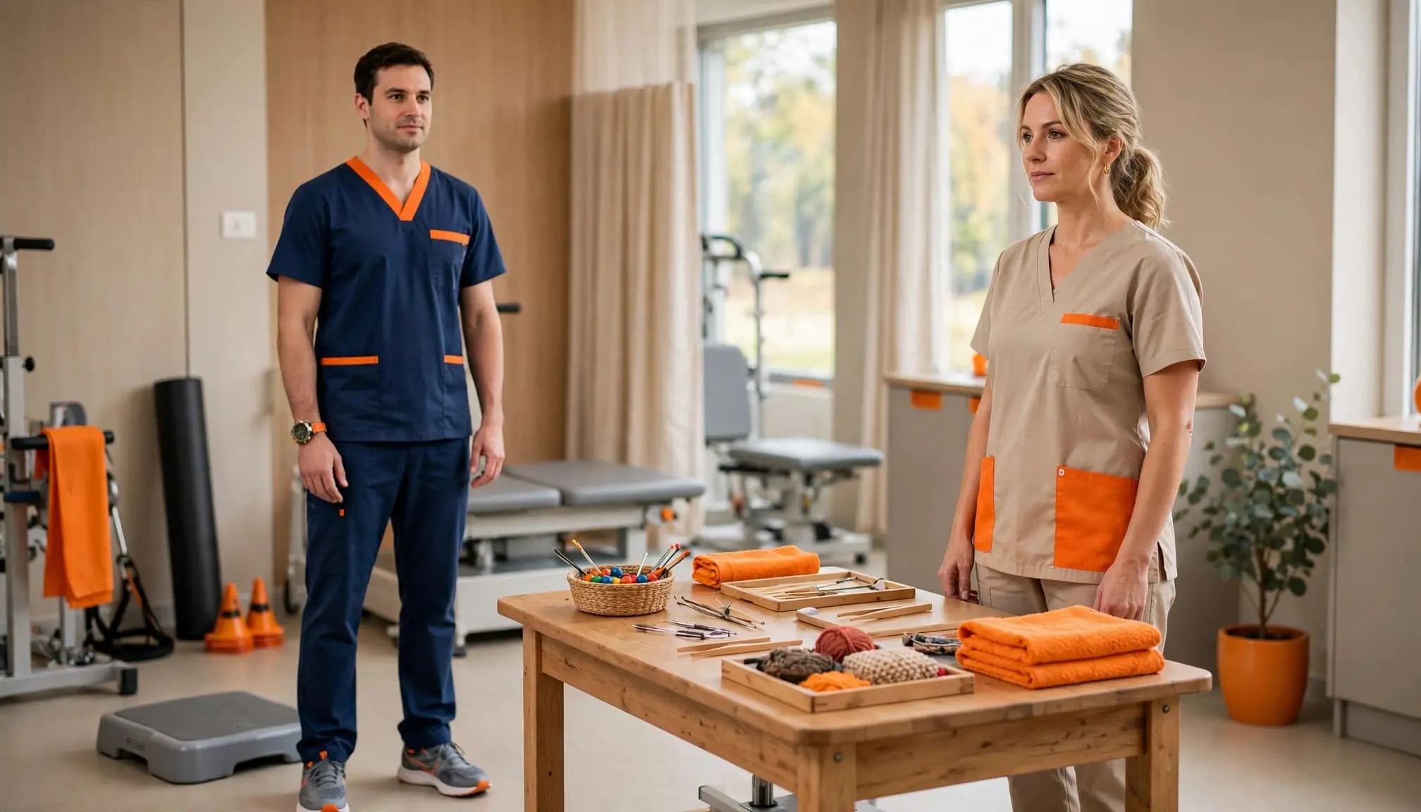 Two therapy assistants stand beside therapy equipment and an activity table in a bright clinic.