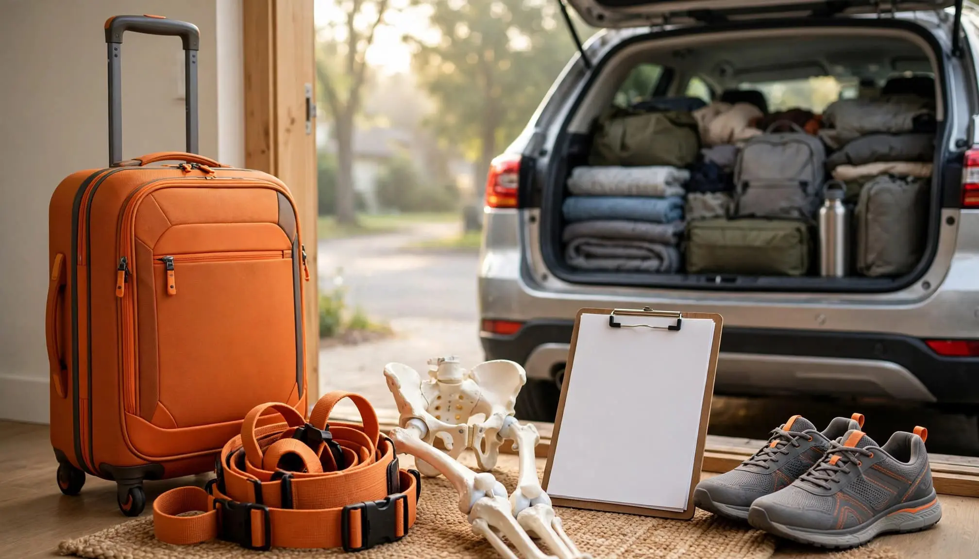 Travel therapy gear arranged beside a packed vehicle trunk.