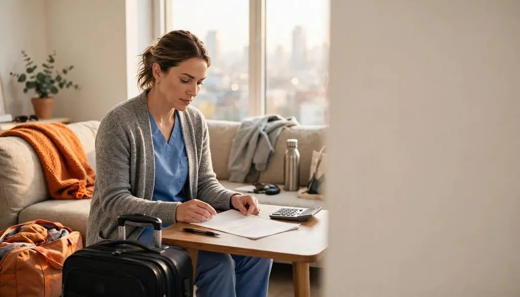 A traveling physical therapist sits at a small table reviewing a plain paper contract beside a packed suitcase and compact calculator. Warm morning light fills the apartment, with orange accents and a distant city skyline behind.