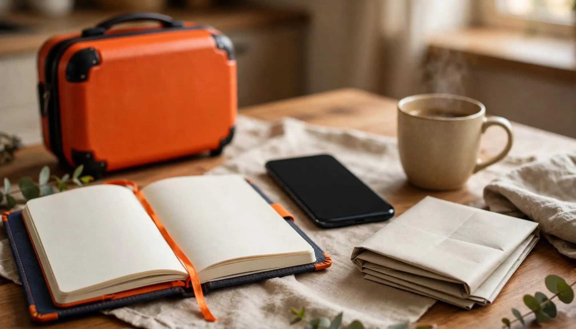 Travel planning items with a notebook, phone, map, mug, and orange suitcase.
